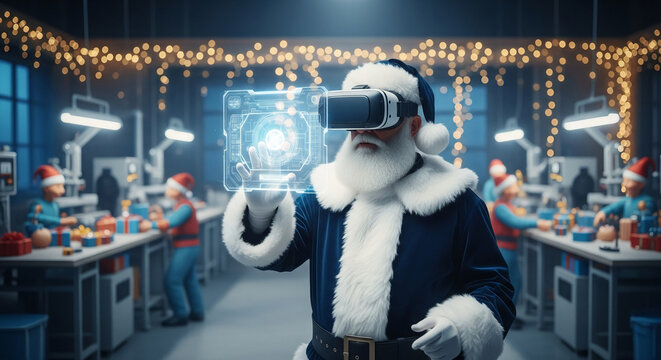 Image of Santa in virtual reality headset, interacting with holographic display, representing future of Christmas gift production and technology - Powered by Adobe