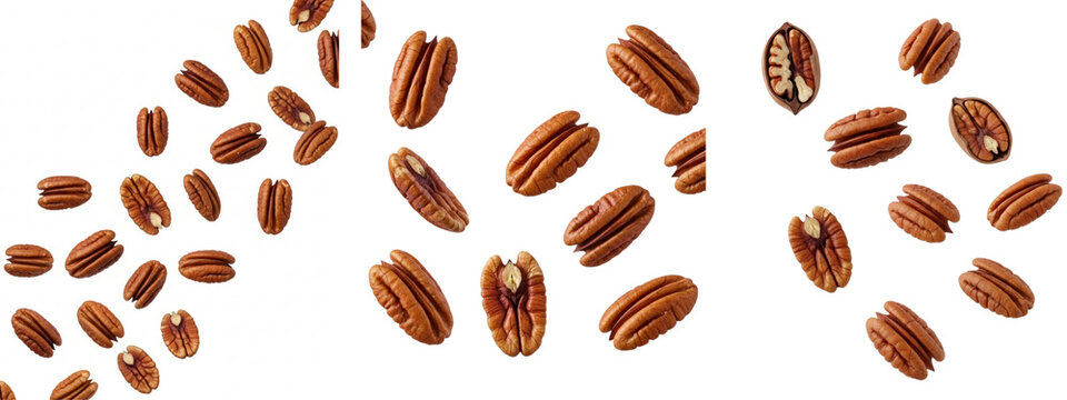 Three clusters of pecans are presented against a transparent background. They are brown, healthy, natural, and fresh. 