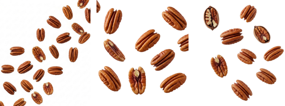 Three clusters of pecans are presented against a transparent background. They are brown, healthy, natural, and fresh. 