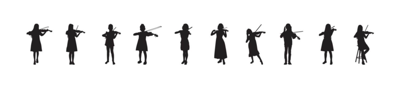 Musician Silhouettes. Female Figures In Various Occupations. Professional And Hobby Representation Symbol Black silhouettes of beautiful mans and womans. Drummer, violini. Vector Illustration