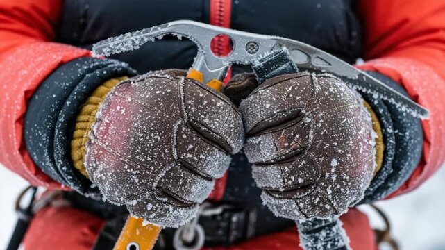 Close up of a mountaineer's hands in frozen leather gloves holding ice axes during a winter climb. Professional alpinism equipment for extreme weather conditions on a snowy mountain