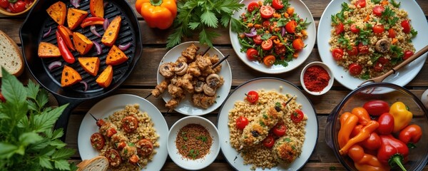 Fototapeta premium Grilled vegetable skewers and seasoned grain bowls with fresh salad and bell peppers. Food prepared with natural ingredients, served on wooden table. Delicious meal for outdoor picnic or indoor feast.