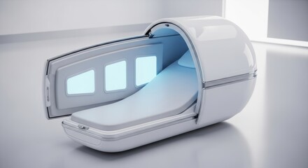 A futuristic white pod with an open door and a light blue interior is ready for use in a modern spa or wellness center