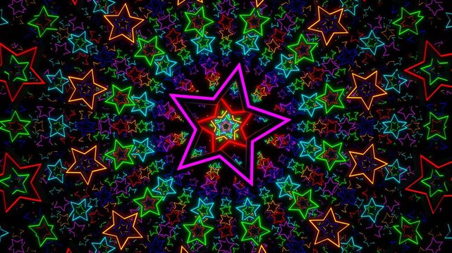 Multicolor neon-stars tunnel background &ndash; seamless 4K VJ loop, cosmic starfield motion graphic for club visuals, music video, party backdrop & digital art projects