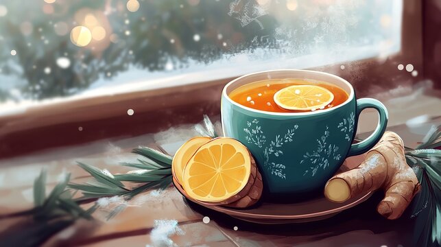 Cozy cup of hot lemon ginger tea with fresh citrus slices on a saucer next to a snowy window view
