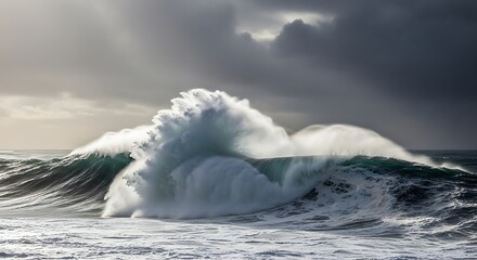 Dramatic ocean waves crashing under a stormy sky, powerful sea.