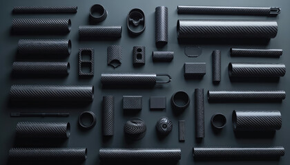 Collection of carbon fiber tubes and geometric shapes arranged flat lay. Black composite material components form abstract pattern. Industrial abstract background for design.