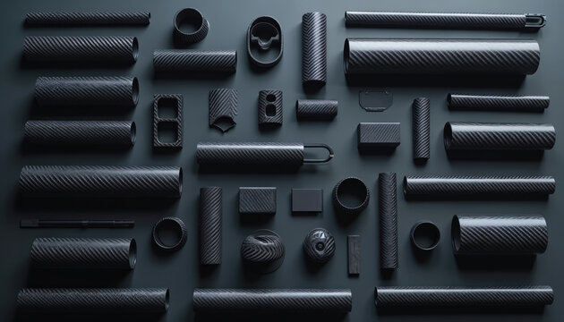 Collection of carbon fiber tubes and geometric shapes arranged flat lay. Black composite material components form abstract pattern. Industrial abstract background for design.
