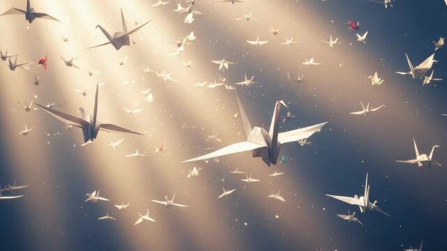A flock of origami paper cranes flying towards heavenly light. Symbolic concept of hope, freedom, peace, and achieving a collective dream or goal together