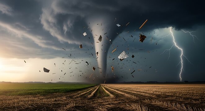 Dramatic Tornado Rips Through Open Field with Lightning.