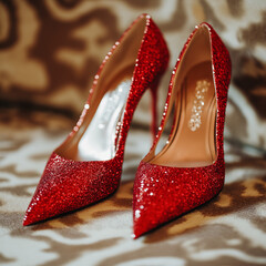 Stunning red glitter heels, elegant and glamorous fashion for a special occasion or party celebration
