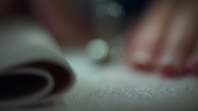 Layered fabric is guided under the sewing machine foot while fingertips hold the edge steady, with soft cinematic bokeh creating a calm focused atmosphere around the stitch line