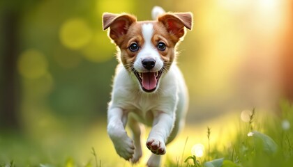 Happy puppy runs on green grass in sunny park. Cute small dog plays outdoors with open mouth. Active pet has fun running towards camera enjoying warm summer day in nature with pure joy and excitement.