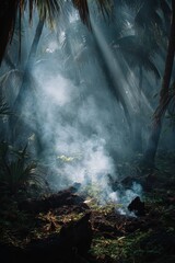 Mysterious Jungle Scene with Dramatic Sunbeams and Ethereal Rising Smoke.