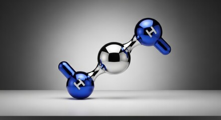 A metallic molecule model with blue hydrogen atoms and a silver oxygen atom is isolated on a neutral background