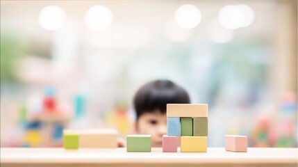 Youngster Engaged in Building Tower with Colorful Blocks in Playroom, Fostering Creativity and Fine Motor Skills, Copy Space Available