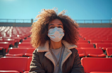 Young curly woman wearing surgical mask sits alone in empty stadium. Solitary fan on red bleachers during public health crisis quarantine. Concept represents social distancing, cancelled sports