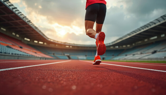 Athlete runs on stadium track during sunset. Runner sprints wearing sportswear and shoes. Man does jogging workout. He practices sport activity for fitness and health. Person runs outdoors.