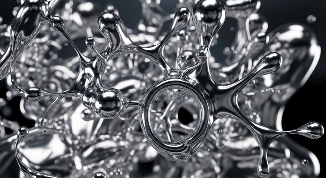 A macro shot of liquid metal creates an abstract design with a reflective surface showing depth and movement
