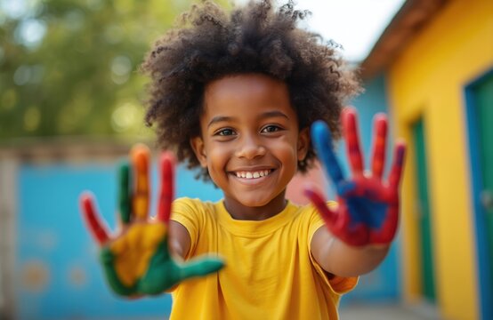 Joyful young african american child shows hands painted in bright colors. Smiling boy plays with art outside school. Fun creative activity promotes childhood imagination and learning diversity.