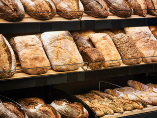 Freshly baked bread displayed in a cozy bakery showcasing artisanal loaves and rustic varieties