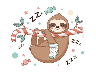 Naklejka premium A cute sloth sleeps soundly, hanging from a candy cane, wearing socks and surrounded by stars. ?Slow Down Relax? text. Charming, festive illustration.
