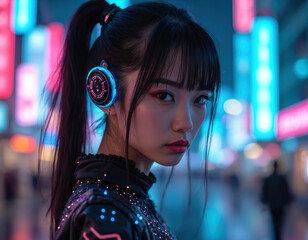 Young Asian woman with futuristic headphones, neon outfit. Girl wears cyberpunk style clothing with pink, blue lights. Ponytail, bangs, looking at camera in city at night with blurry colorful