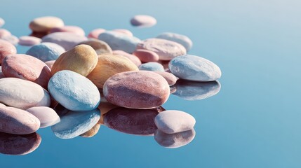 Pastel stones with soft reflections create a calming spa vibe, perfect for wellness brands and meditation apps, offering serenity and peacefulness in any design project