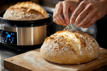 Baking crusty artisan bread with a sprinkle of flour in a cozy kitchen