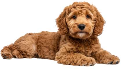 A fluffy dog relaxes on a clean white surface, sporting an adorable expression during a quiet indoor moment.