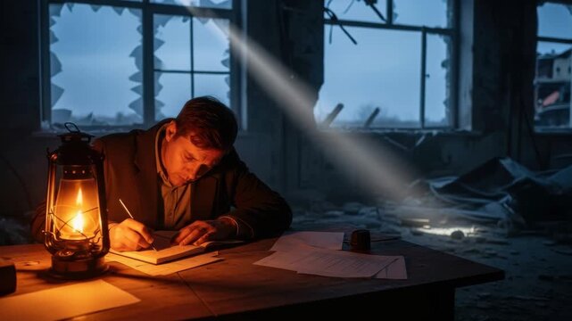 Caucasian adult male writing a journal by an oil lamp in a ruined building. Historical concept of a war correspondent or survivor documenting events in a conflict zone