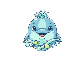 Cute cartoon dolphin character splashing water with happy expression and sparkling hearts isolated on transparent background in pixel art style