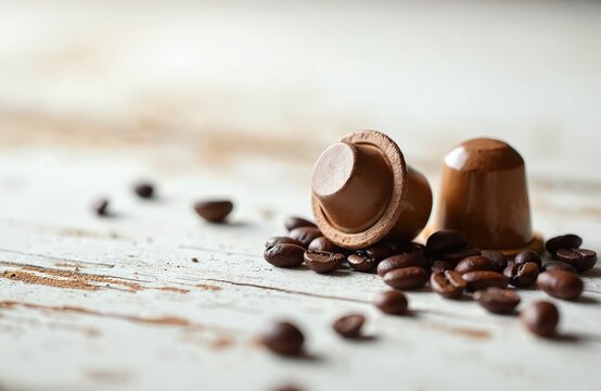 Compostable coffee capsules and whole beans rest on rustic wooden surface. Eco friendly packaging offers sustainable alternative for brewing espresso. Zero waste concept for modern beverage enjoyment.