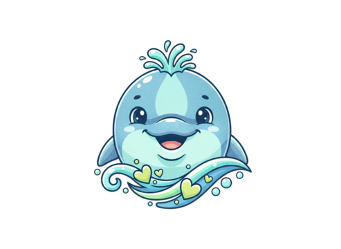 Cute cartoon dolphin character splashing water with happy expression and sparkling hearts isolated on transparent background in pixel art style - Powered by Adobe