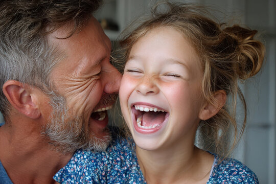 Joyful laughter shared between a grandfather and granddaughter indoors