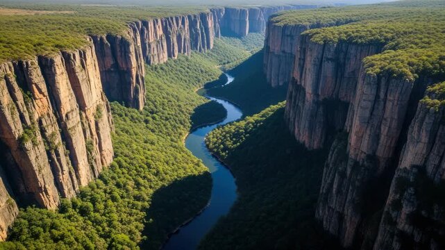 Stunning panoramic landscape of a vast river canyon covered in lush forest. Sheer rock cliffs and green trees create a dramatic natural scene for travel and tourism