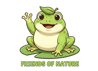 Cute Cartoon Frog Character Waving Hello Sitting on a Lily Pad with Friends of Nature Text Below
