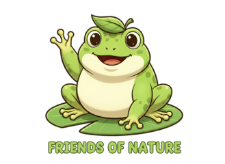 Cute Cartoon Frog Character Waving Hello Sitting on a Lily Pad with Friends of Nature Text Below