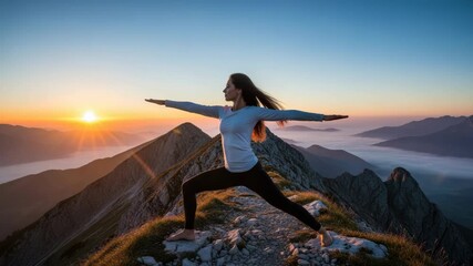Young adult female practicing yoga warrior pose on a mountain top during a beautiful sunrise. Serene woman finding balance and inner peace in a stunning alpine landscape - Powered by Adobe