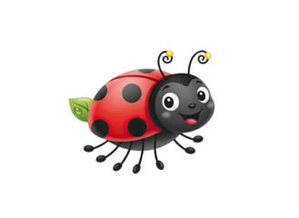 Cute Cartoon Ladybug with Red Black Spotted Shell and Green Leaf Detail on Transparent Background