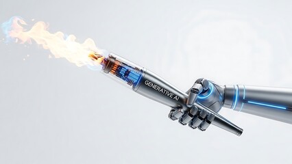 Futuristic Robot Hand Holding a Flamethrower Against White Background.