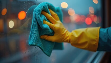 Hand in yellow rubber glove cleans dirty wet glass window. Blue microfiber cloth wipes away water droplets. Blurred colorful city lights shine outside at dusk. Shows home cleaning pro service work.