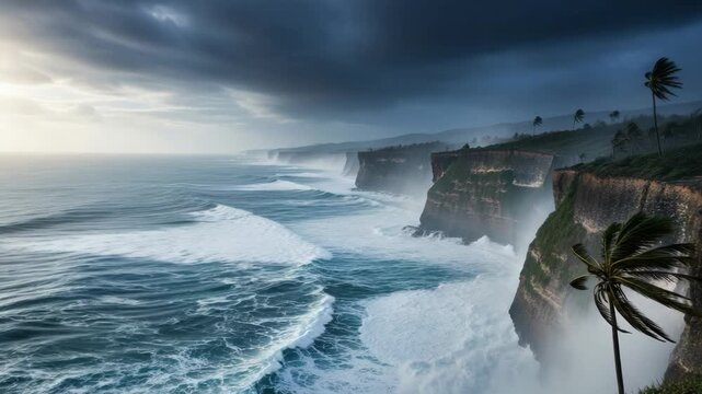 Dramatic panoramic view of a stormy ocean with large waves crashing against cliffs. Tropical coastline with palm trees under a dark, moody sky during a powerful storm