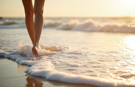 Woman walks barefoot along ocean shoreline. Gentle waves with seafoam splash legs as sun sets over calm water. Person enjoys nature, relaxation, peaceful stroll.