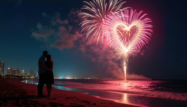 Couple watch heart shaped firework on beach at night. Lovers embrace by ocean with city skyline. Romantic pair celebrates holiday or wedding anniversary, enjoying fireworks display. - Powered by Adobe