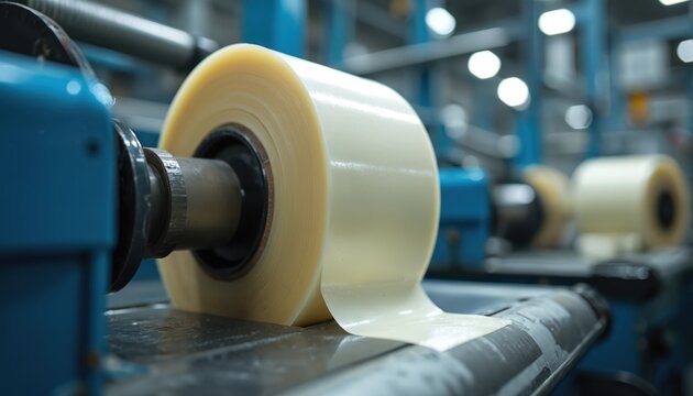 Large roll of adhesive tape on modern machinery. Industrial equipment produces packaging tape. Automated tape slitting, rewinding process ensures precision, efficiency at manufacturing plant. Close