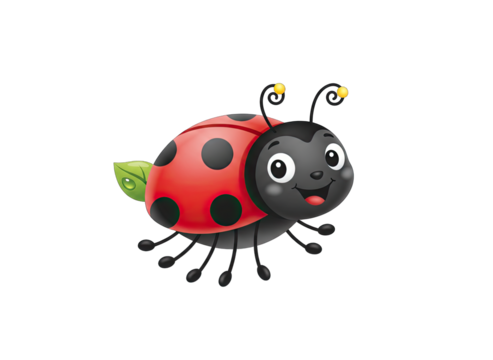 Cute Cartoon Ladybug with Red Black Spotted Shell and Green Leaf Detail on Transparent Background