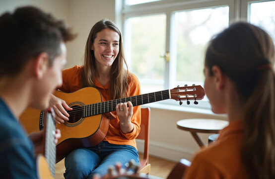 Girl gives guitar lesson to students. Young woman playing acoustic musical instrument. Teacher teaches music with stringed instrument in class. Music education and hobby course concept. Happy smile - Powered by Adobe