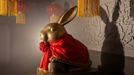 Golden Rabbit Statue with Red Fabric and Lanterns