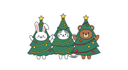 Adorable holiday cheer featuring a bunny, cat, and bear dressed as Christmas trees, perfect for festive cards and kid-friendly designs this winter